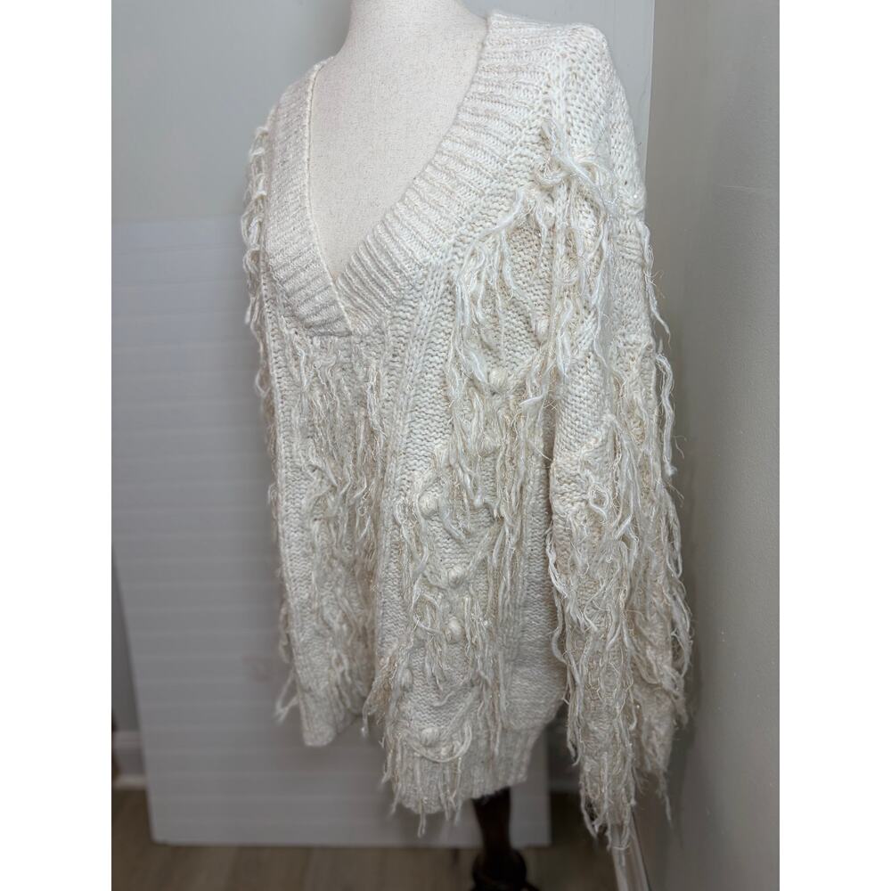 Anthropologie Fringed Pullover Sweater Oversized Ivory BOHO Shaggy Fringe Detail - Picture 7 of 13